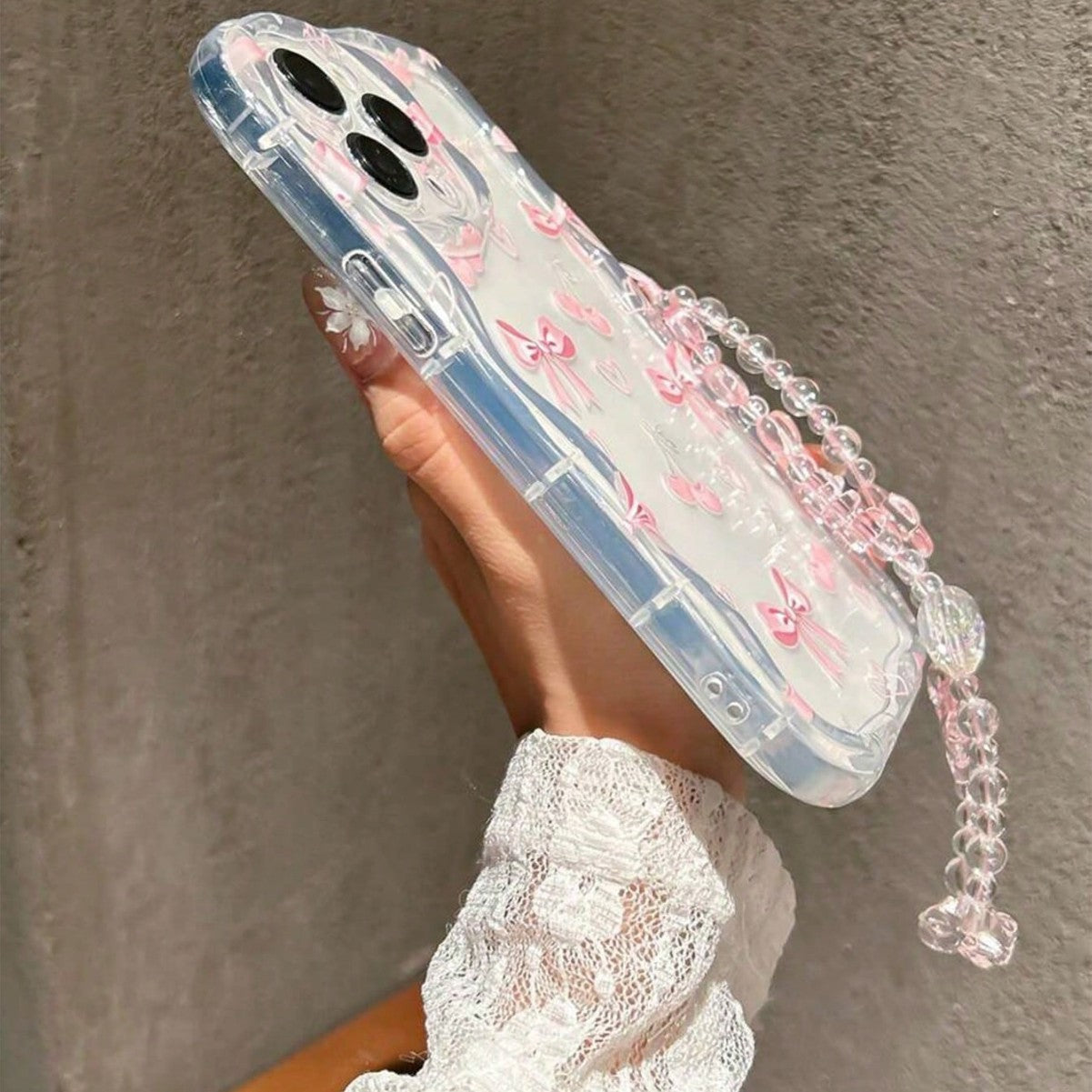 Cherry Bow Transparent iPhone Case with Wrist Chain