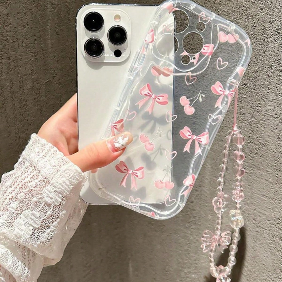 Cherry Bow Transparent iPhone Case with Wrist Chain
