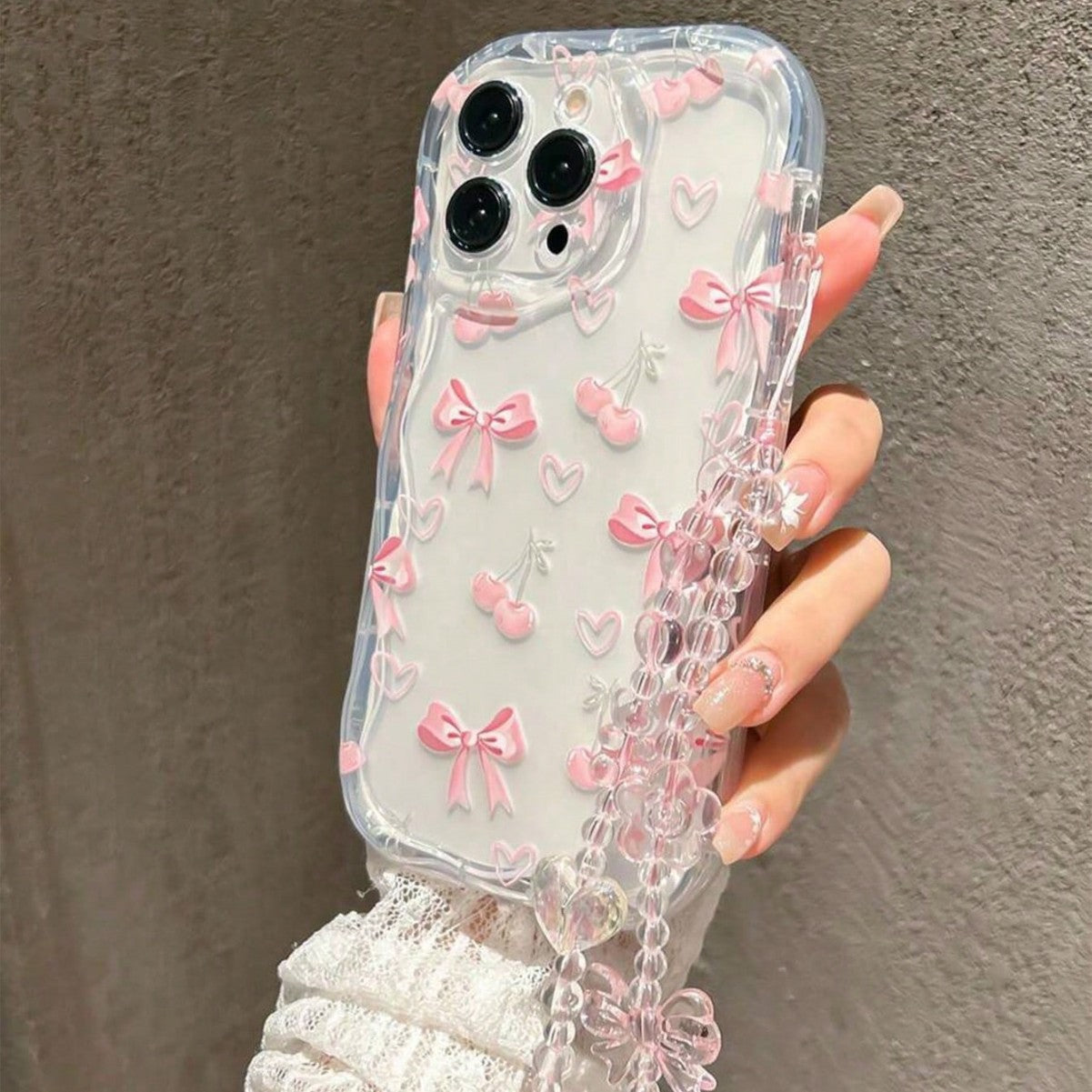 Cherry Bow Transparent iPhone Case with Wrist Chain